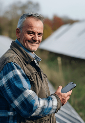 Agriculteur souriant tenant un smartphone près de panneaux solaires