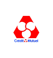 Logo Crédit Mutuel : un hexagone rouge avec trois cercles blancs entrelacés.