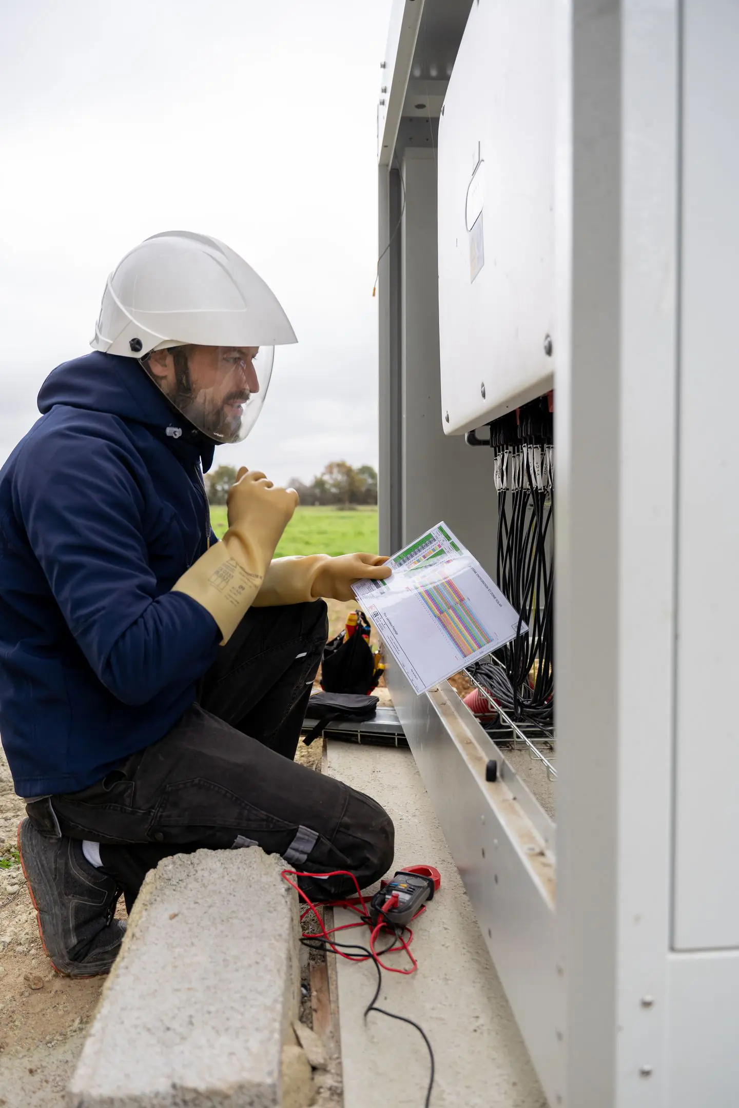 Technicien en bleu travaillant sur un boîtier électrique en plein air