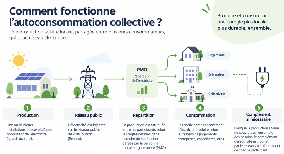 Schema du fonctionnement de l'autoconsommation collective