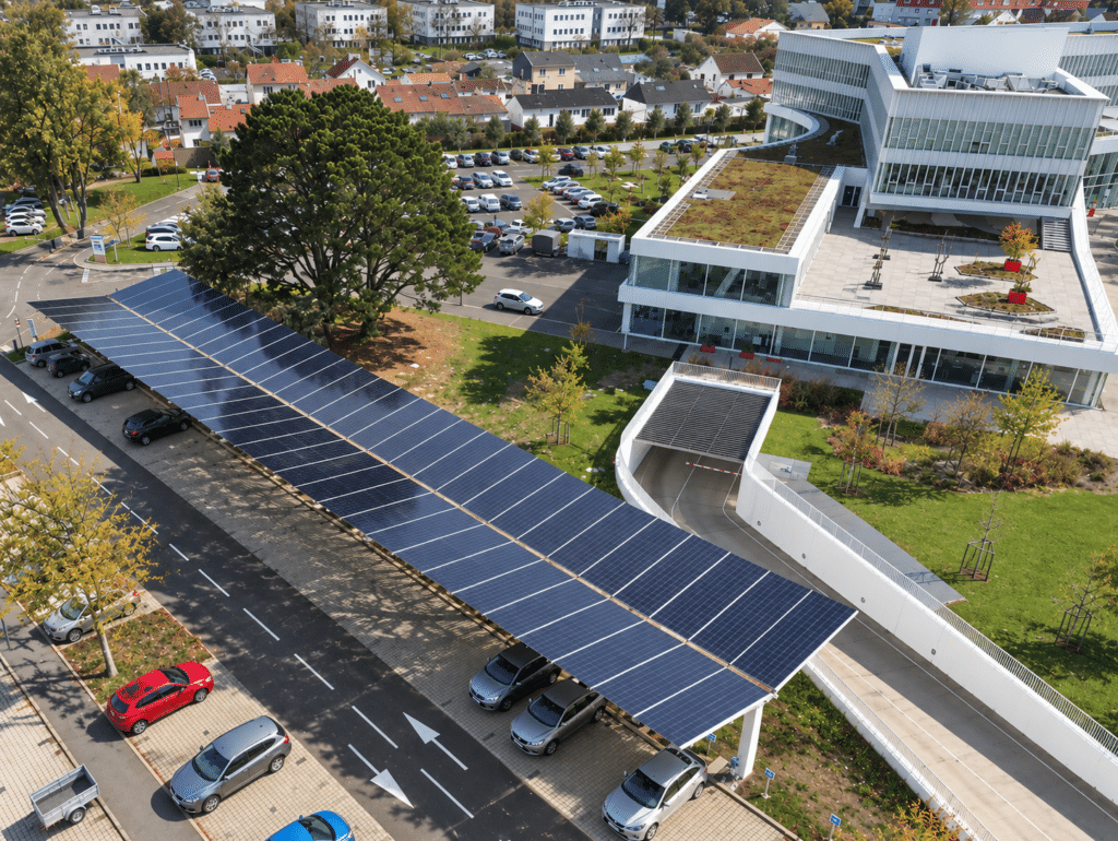 Ombrières photovoltaïques d'Energies de Loire sur le parking du Campus by CA à Nantes